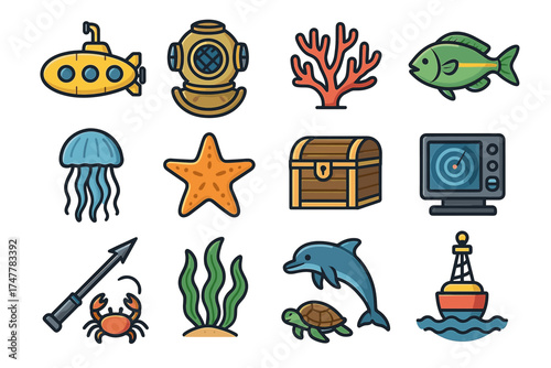 Colorful underwater icons featuring sea creatures and equipment