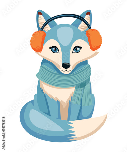 Sweet Blue Fox Portrait Wearing Gray Earmuffs and a Scarf Depicting Cozy Winter Fashion and Seasonal Wildlife Art
