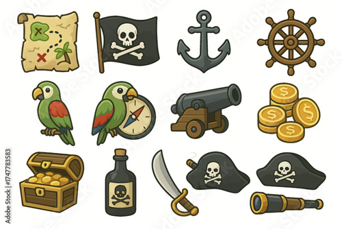 Pirate adventure icons: parrot, treasure map, skull flag, anchor, gold coins