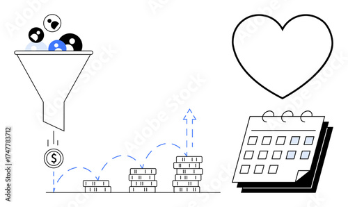 Funnel filtering leads into coins, showing stacked coins, growth arrows, heart, and calendar. Ideal for sales, marketing, ROI, planning success customer loyalty and strategy in a simple flat