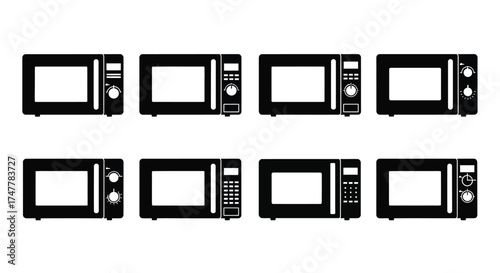 Collection of diverse black microwave ovens isolated on white studio background vector