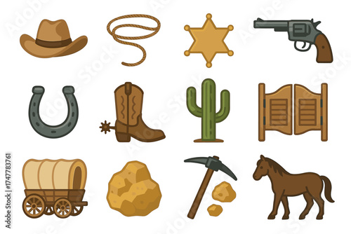 Western icons collection: cowboy hat, lasso, badge, revolver, horseshoe, boots, cactus, saloon doors, wagon, rocks, pickaxe, horse