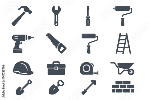 Set of construction and repair tools icons featuring hammer, drill, saw, roller, and more