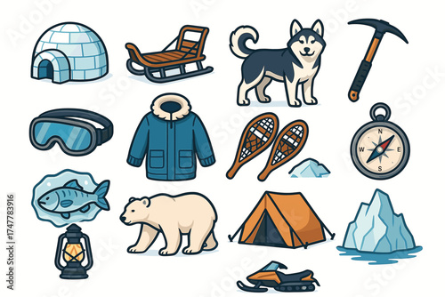 Arctic adventure icons: husky sled, igloo, polar bear, compass, snow gear