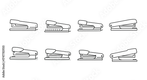 Collection of eight stapler icons showing different angles and designs for office and school supplies vector