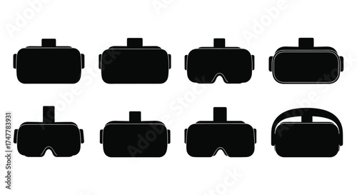 Diverse set of virtual reality headsets silhouettes showcasing modern technology and immersive experiences vector