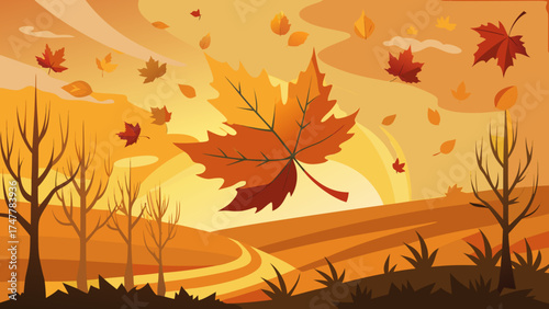 Vector art of autumn landscape with maple leaf and sunset in warm colors, vector art