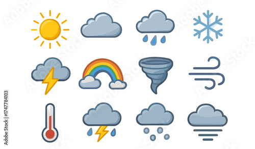 Weather icons collection: sun, clouds, rain, snowflake, rainbow, tornado, wind symbols