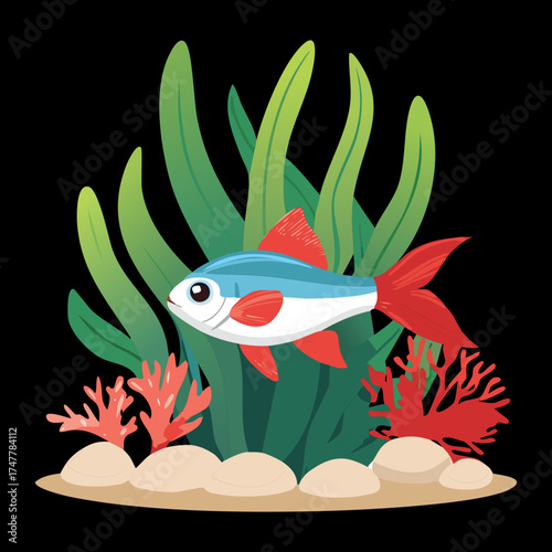 Cute Neon Tetra Fish Swimming Underwater Coral Reef Seaweed Plants Simple Dark Cartoon Vector