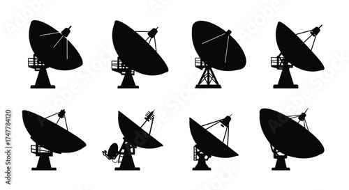 Satellite dishes communication technology signal reception outdoor antenna array set vector