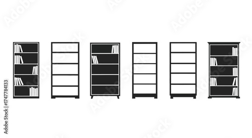 Collection of six modern bookshelf designs displaying various shelf configurations and open storage vector