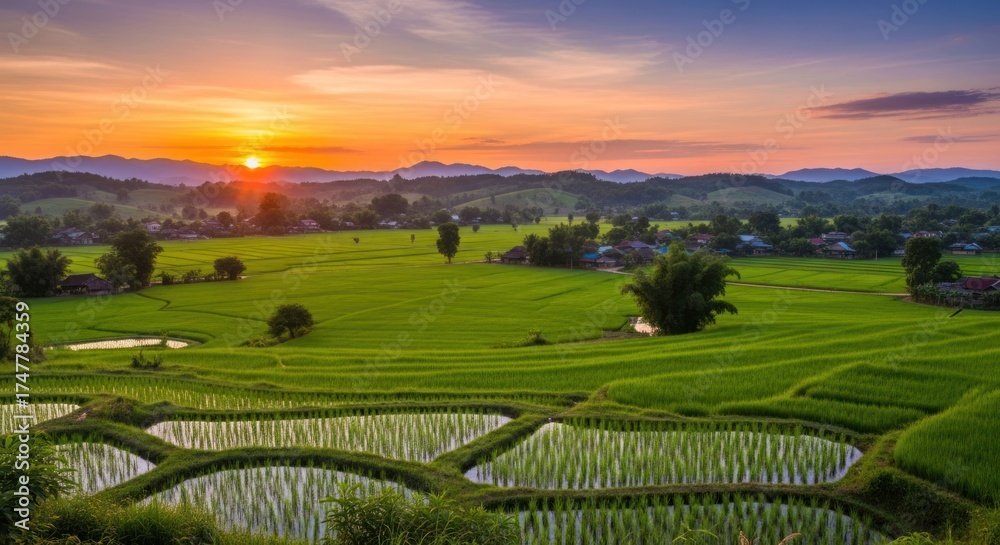 Fototapeta premium Lush rice paddies at sunset
