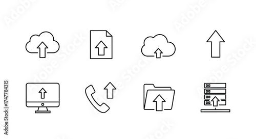 Set of upload icons representing cloud storage data transfer and server synchronization operations vector