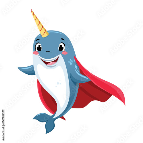 Superhero Cartoon Narwhal Standing Proudly with a Flowing Red Cape and Heroic Pose Ready for Action and Adventure Vector
