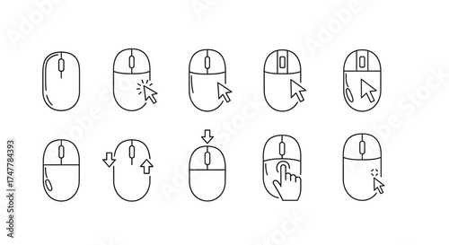 Collection of computer mouse icons showing different clicks and scrolling actions vector