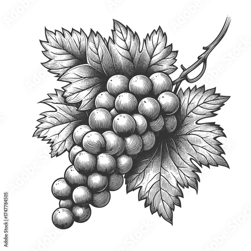bunch of grapes with leaves and vine, symbolizing wine, harvest, fruit, and traditional botanical art sketch engraving generative ai vector illustration. Scratch board imitation. Black and white image