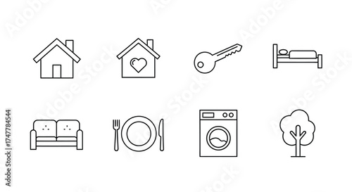 Hand drawn outline icons representing home comforts furniture appliances and nature elements vector