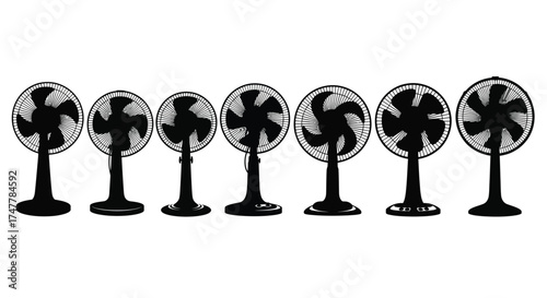 Seven black electric desk fans arranged in a row showing different speeds vector