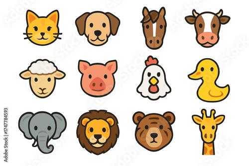 Cute cartoon animal faces set: cat, dog, horse, cow, sheep, pig, chicken, duck, elephant, lion, bear, giraffe