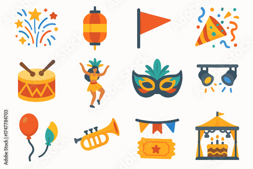 Colorful festival icons featuring drums, masks, lanterns, and celebration elements
