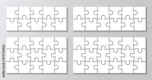 Jigsaw 4 grids set. Puzzle cutting templates. Simple mosaic background with separate details. Thinking game scheme. Vector illustration.