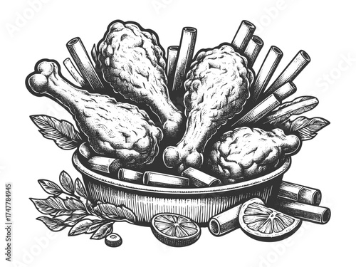 bowl filled with fried chicken drumsticks and French fries, surrounded by lemon slices and herbs sketch engraving generative ai vector illustration. Scratch board imitation. Black and white image.
