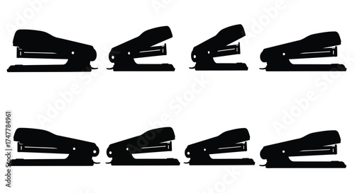 Set of eight black office staplers isolated on in multiple angles vector