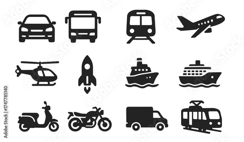 Silhouette icons of various transportation modes including car, bus, train, airplane, and boat
