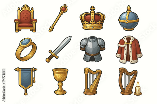 Medieval royal symbols: throne, crown, weaponry, armor, and regal accessories