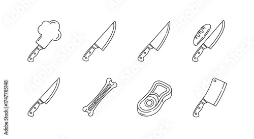 Set of kitchen knives and utensils line drawing collection for food preparation and cooking vector