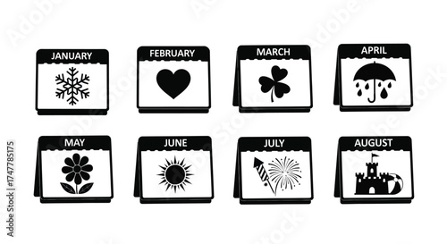Calendar pages showing seasonal icons for each month of the year vector