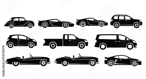 Diverse collection of silhouetted cars and vehicles in various styles vector
