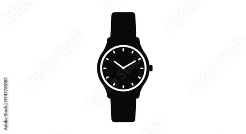 Classic wristwatch with black band and white dial isolated on a white surface timepiece design silhouette