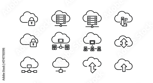 Cloud computing icons set abstract sketchy style data storage security and network connections vector