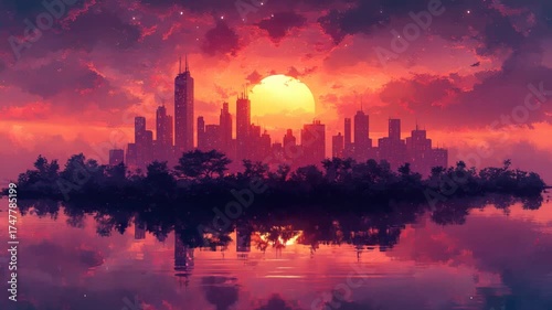 Vibrant Sunset Over a Floating Cityscape Reflected in Calm Waters.