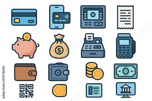 Colorful financial icons: credit card, atm, wallet, piggy bank, cash register, barcode