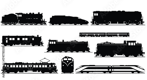Collection of diverse train silhouettes featuring steam electric diesel and high-speed locomotives vector