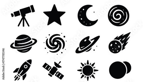 Astronomy icons set: telescope, planets, moon, stars, rocket, constellations