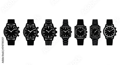 Collection of diverse black wristwatches displayed in a row showing various styles and designs vector