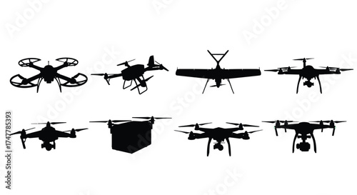 Diverse drone silhouettes collection aerial unmanned vehicles flying technology future transport concepts vector