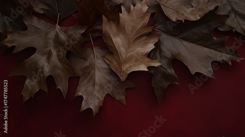 Dried autumn oak leaves with brown tone on dark red background studio shot