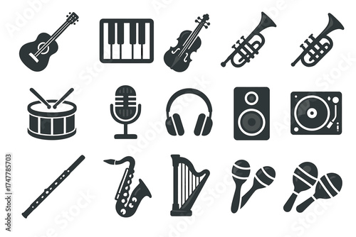 Musical instrument icons: guitar, piano, violin, trumpet, microphone, headphones