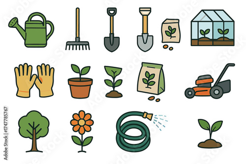 Colorful gardening tools and plants icons for various horticultural activities