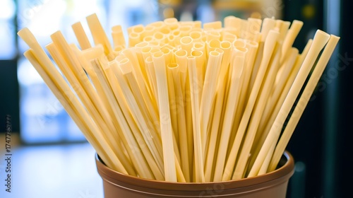 Close up of biodegradable bamboo drinking straws in a container