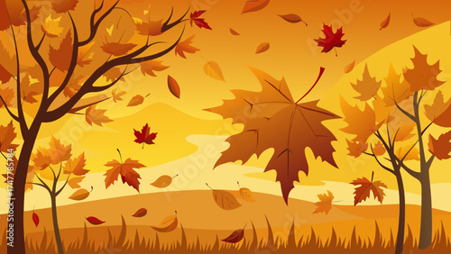 Vector art of autumn landscape with falling leaves and trees in orange and yellow colors