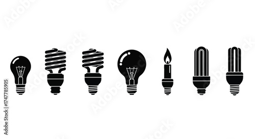 Diverse collection of light bulbs showcasing different technologies and styles silhouette set vector