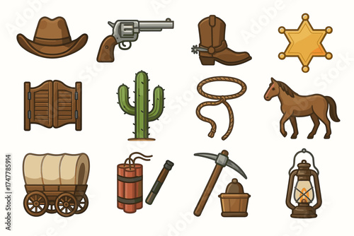 Western themed icons: cowboy hat, revolver, boots, cactus, horse, wagon and more wild west symbols