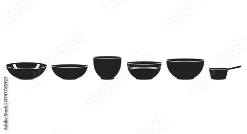 Collection of black kitchen bowls and measuring cups in various sizes isolated on vector