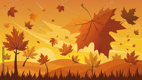 Vector art of autumn landscape with falling leaves and trees in warm colors at sunset