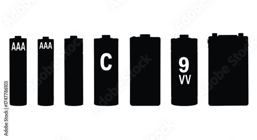 Collection of various battery types labeled for size aaa c and 9v power source vector